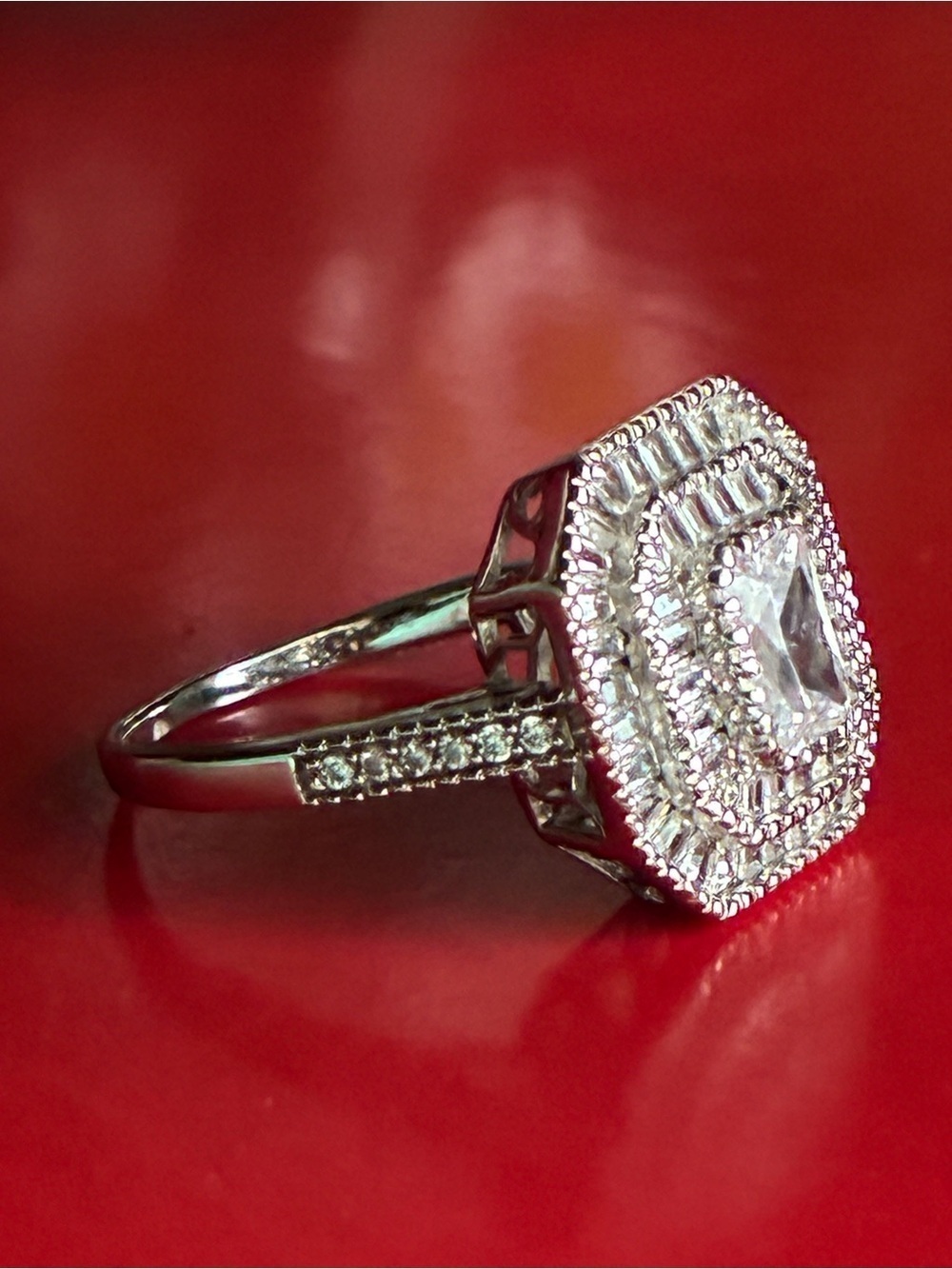 925 Silver-Tone Clear Multi-Halo Emerald-Cut Ring - Picture 7 of 8